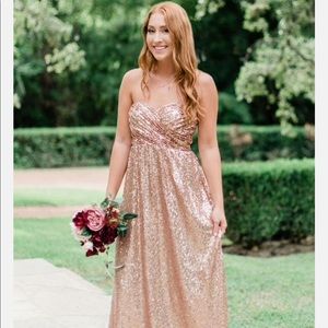 Rose gold, sequin, strapless, floor length dress